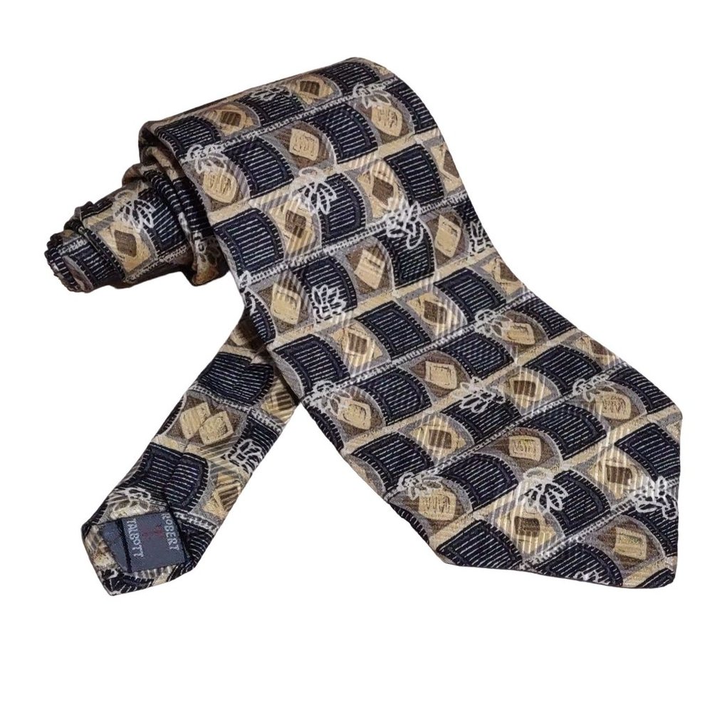 Robert Talbott Studios Tan Black Color Block Hand Sewn 100% Silk Necktie Tie